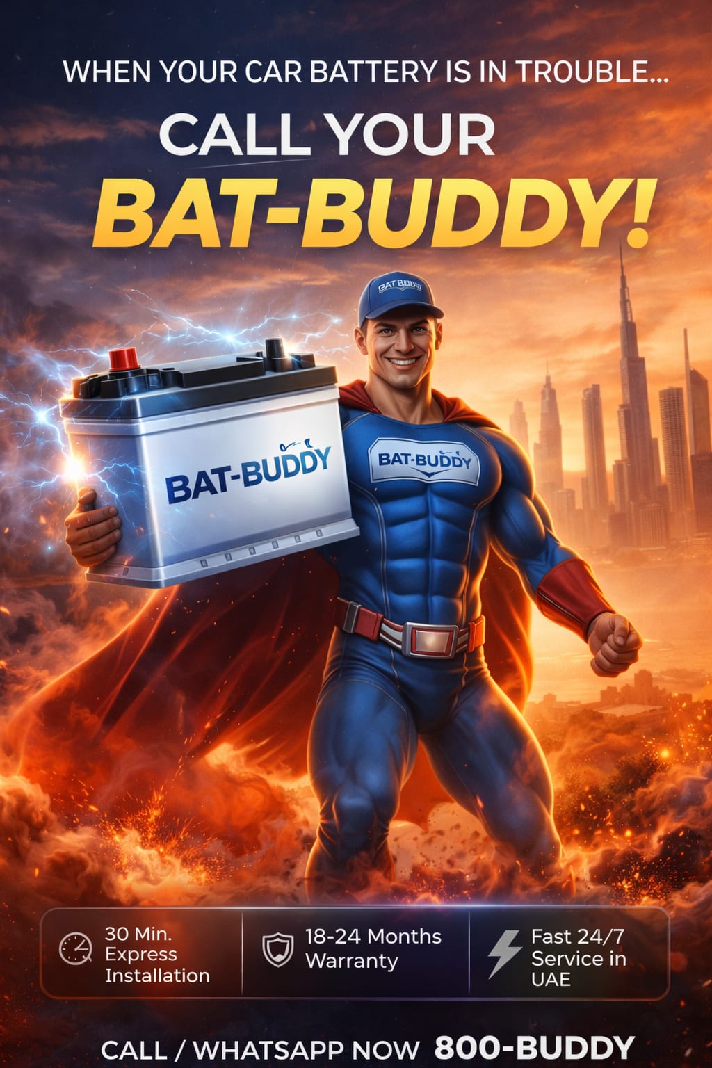 Call Your BAT-BUDDY - 30 Min Express Installation, 18-24 Months Warranty, Fast 24/7 Service in UAE